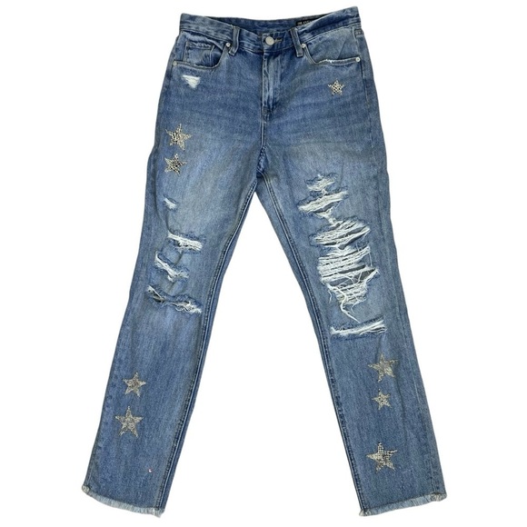 Blank NYC The Ludlow Crop Girlfriend Distressed Jeans with Star Patches Sz 27 - Picture 3 of 16